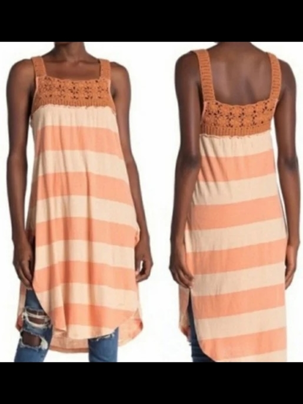 Free People Sayulita Peach & Cream Combo Crochet-Top Striped Dress Misses Med